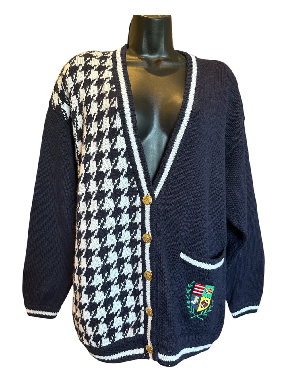 Vintage Houndstooth Crest Cardigan Sweater Navy Gold Buttons Oversized Preppy